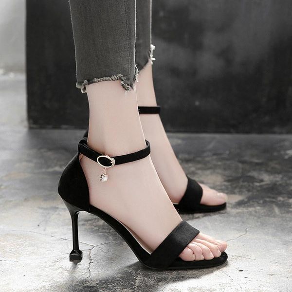 

sandals women's shoes 2021 summer style open-toe stiletto cat heel buckle 5.5cm/8.5cm high heels large size 41 42 43, Black