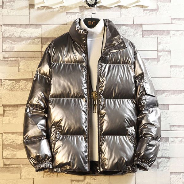

face standing collar reflective bright leather jacket youth thickened warm down cotton paddedwinter, Black;brown