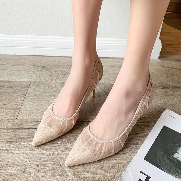 

dress shoes 2021 thin heels women lace breathable high heel shiny pointed toe pumps office stiletto, Black