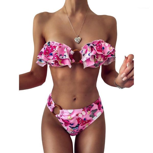 

cute printed multi bikini set women 2021 strapless push-up padded swimwear woman ruffles swimsuit women's, White;black