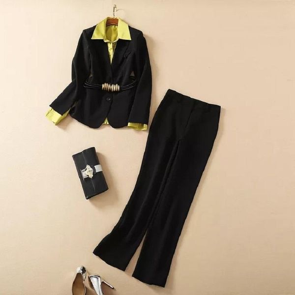 

women's two piece pants blazer sets 2021 spring autumn pant set women belted black coats+yellow shirt+full length suit 3pc, White