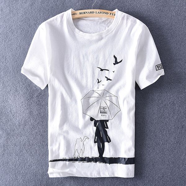 

2021 spring and summer new short-sleeved linen t-shirt fashion printed stretch cotton brand t shirt men round neck tshirt male x1fa, White