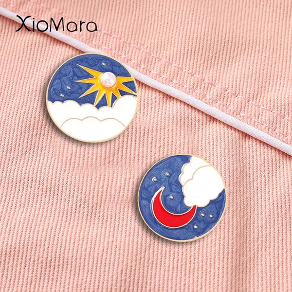 

pins, brooches moon and sun cloud star pearl round lapel pins couple badges gift for girlfriend boyfriend lover, Gray