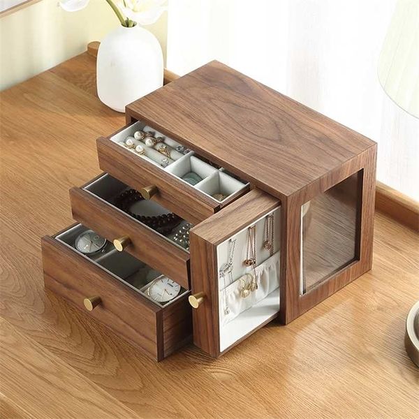 Casegrace Luxus große hölzerne Schmuckschatulle Organizer 4 Schubladen Holz Ohrring Ring Halskette Uhr Schmuck Aufbewahrungskoffer Schatulle 211105