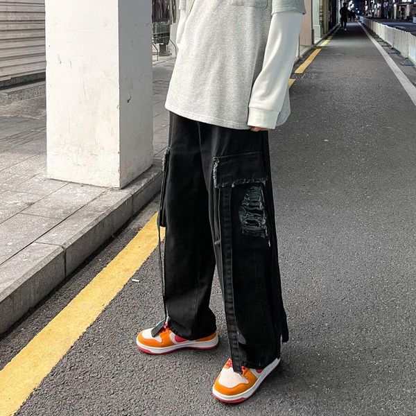 

men's jeans ripped wide-leg fashion retro pocket tooling men streetwear loose hip-hop hole straight denim trousers mens, Blue