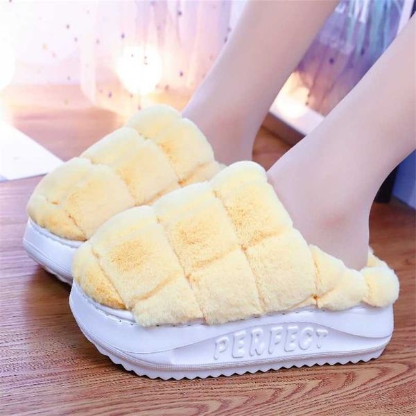 

women's winter slippers fashion furry platform high heel plush anti-skid warm fur indoor home luxury 211110, Black