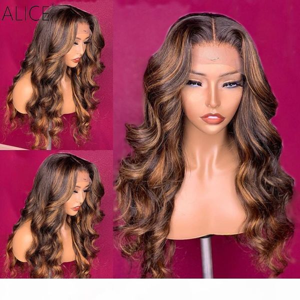 

alice highlight wave t-part lace front human hair wigs scalp closure wigs 150% density with baby hair non-remy, Black;brown