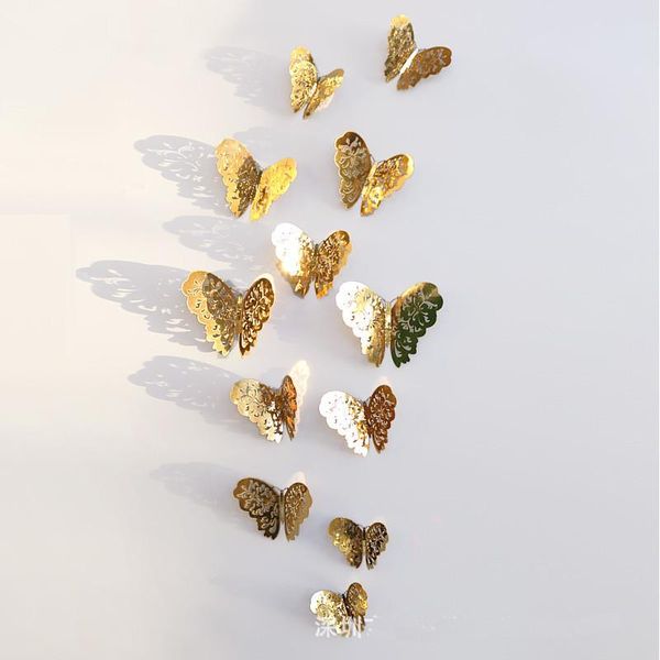 Adesivos de parede 12 pçs / lote 3D metal dourado Buterfly Hollow Out Design Butterfly Decoração Home Sala de estar ímã frigobar