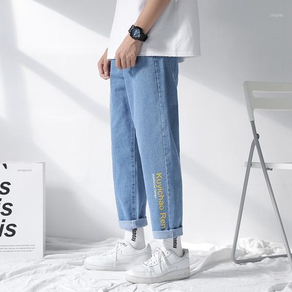 

men's jeans mens letter print straight leg for 2021 fashion trends male casual clothing teenage baggy denim pants boyfriend streetwear, Blue