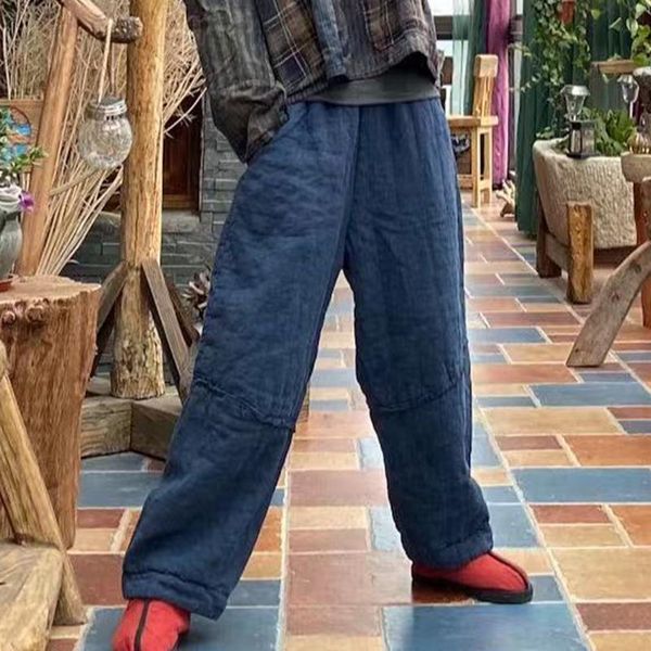 

fairynatural ladies thick harem elastic waist trouser 2021 spring pockets womens warm retro linen long pants, Black;white