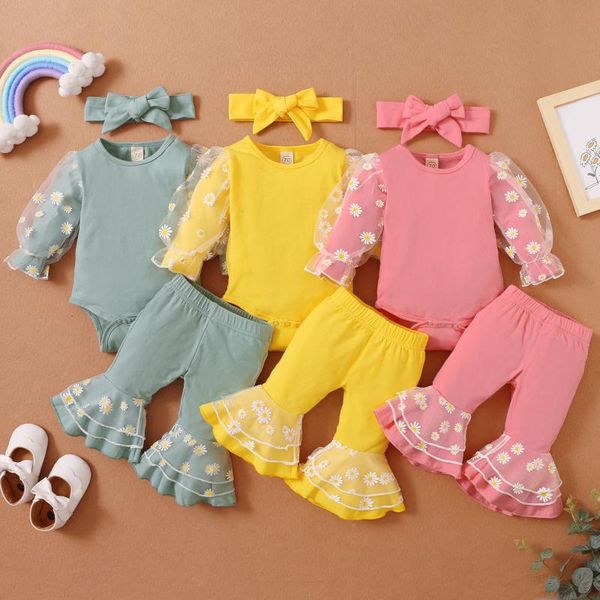 

clothing sets 3pcs infant baby girls clothes set autumn long sleeve lace floral printed romper bodysuit+ruffles flare pants outfits for 0-12, White