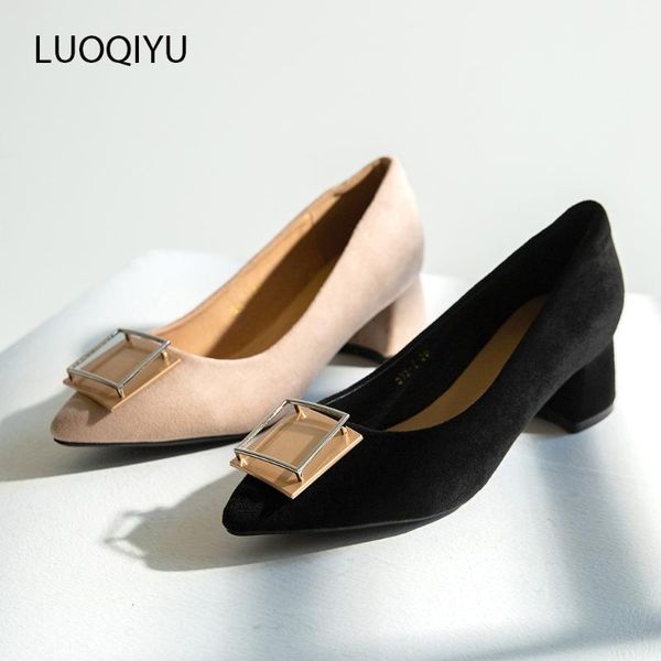 

dress shoes soft flock women chunky heel pumps metal square buckle pointed toe fashion grace footwear 31-43 big size mid heels daily, Black