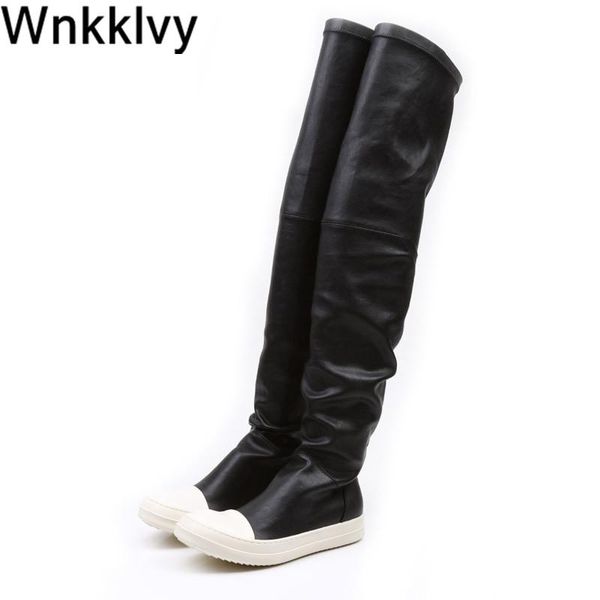 

boots stretch autumn winter over the knee women black thick white bottom flat platform shoes thigh high long 2021