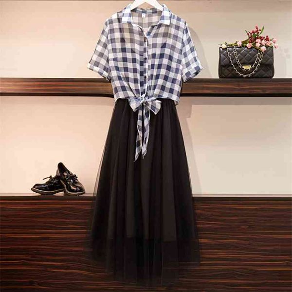 

summer beach shirt dress two piece sets fashion plaid bow lace-up with mesh a-line sling suits sundress 210602, White