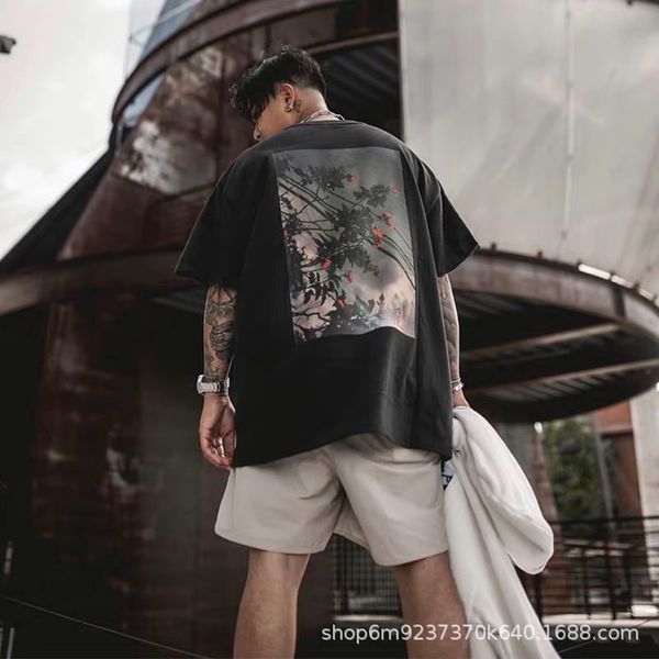 

feel of god fog short sleeve essentials double line flower t-shirt men's high street loose trend couple, Black