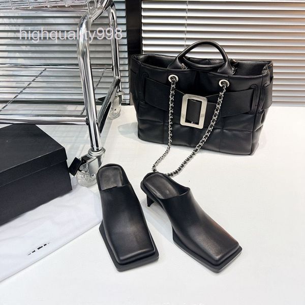 

slippers high end quality one word baotou slippers high heels thin heel leather single shoes fashionable temperament women's cow, Black
