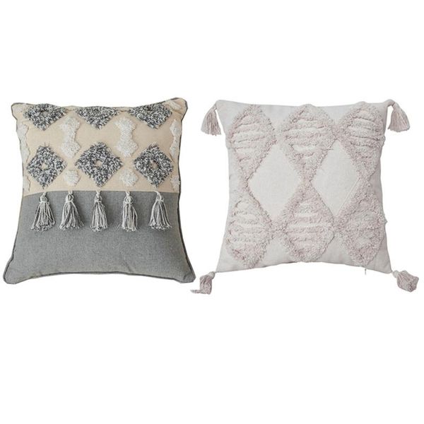 

pillow case 2 pcs cover with tassels for home decor farmhouse bed sofa couch living room, gray & creamy white