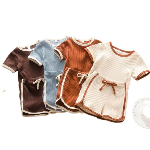 

clothing sets 2021 summer baby girl 2 pcs outfit set solid color ribbed short sleeve romper pants toddler boy clothes, White