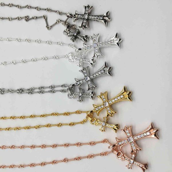 

croix studded double cross diamond necklace couple jewelry bamboo chain, Silver