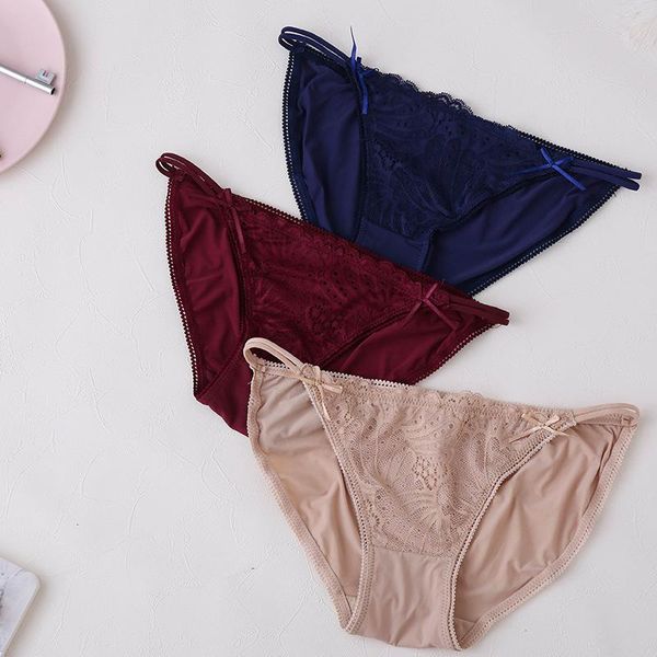 

women's panties product low-waist ice silk seamless briefs with hollow lace trim and embroidered pure color fashion nylon, Black;pink