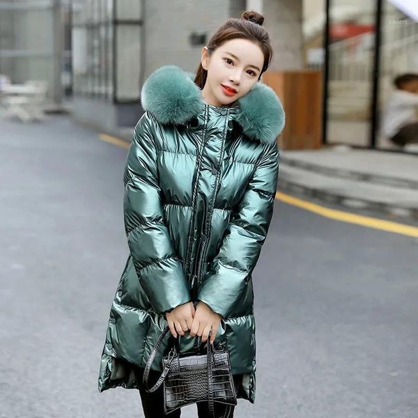 

women's cotton padded jacket with long winter big wool collar down & parkas, Black
