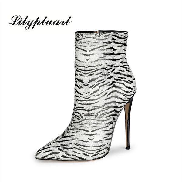 

boots 2021 spring fashion stiletto heel women's short zebra pattern pointed toe size 43 women shoes wj275, Black