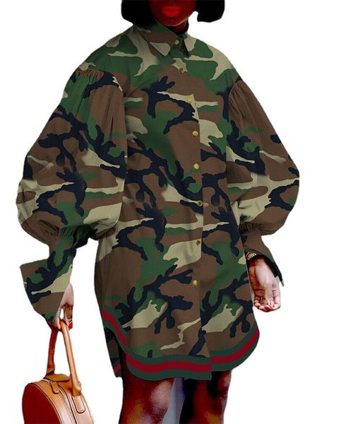 

casual dresses long-sleeved printing vestido mujer round neck stand-up collar cardigan camouflage vintage dress loose large size shirt, Black;gray