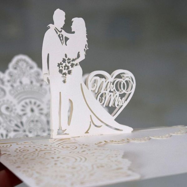 

greeting cards (10 pieces/lot) 3d up mr&mrs wedding ring design invitation card laser heart couple engagement postcard invitations ic053