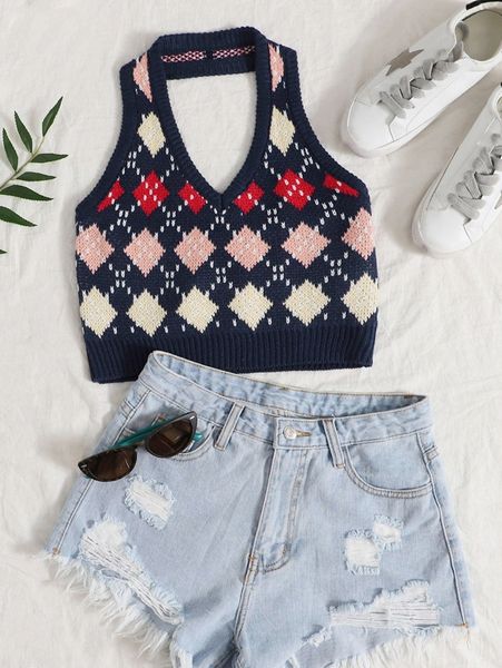 

halter neck argyle pattern knit l9zi#, White