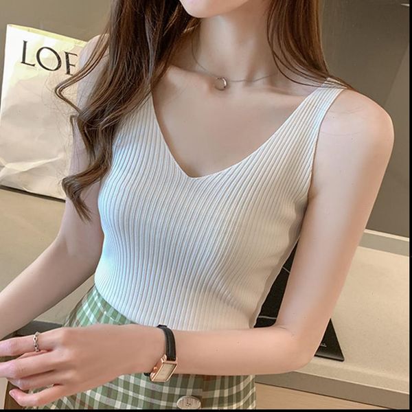 

korean fashion women tank halter ice silk v neck camis plus size woman knitted sleeveless camis tees, White