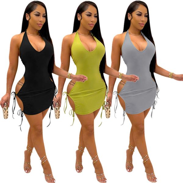 

casual dresses wholesale items in bulk clothes y2k dress for women 2021 summer bodycon v-neck mini clothing fashion solid m6968 by dhl, Black;gray