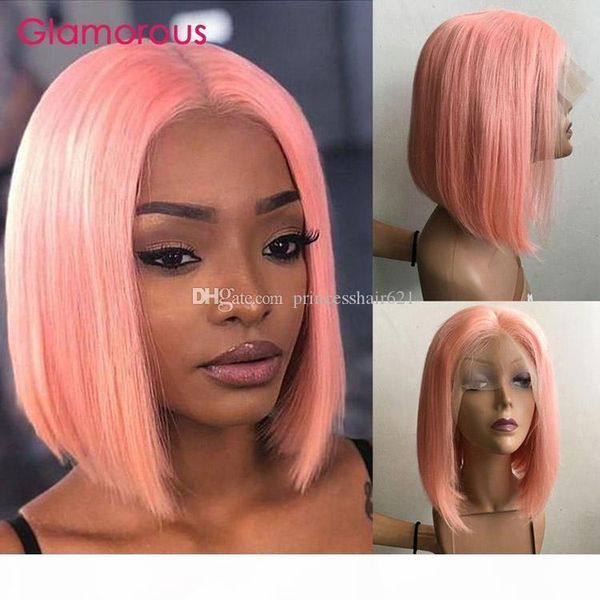 

pre-plucked short bob lace front wigs rose pink straight peruvian remy human hair 150% density, Black;brown