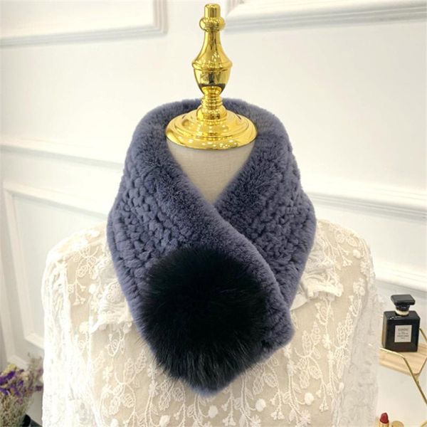 

scarves winter warm soft real rex fur scarf women knitted natural ring with big pompom neckerchief s85, Blue;gray