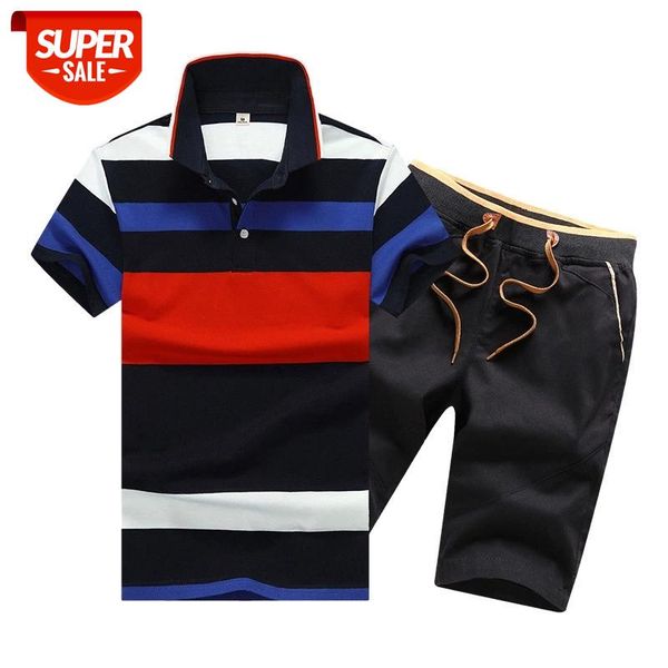 

Tracksuit Male 2020 Summer Cotton Mens Polo Shirts Mens clothing Sets Plus Size -4XL Shorts + Polos Striped 2 Piece Sets #W957, Gray