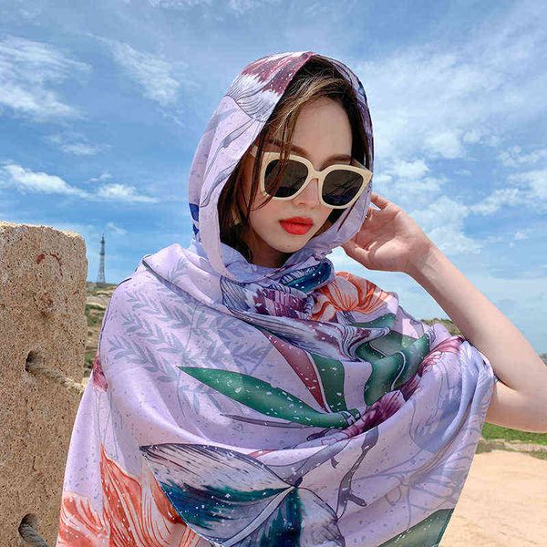 

scarves net red wind women's summer sunscreen shawl beach versatile thin beach travel po silk scarf, Blue;gray