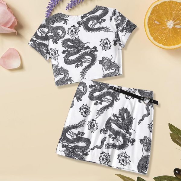 

classic style women clothes suit dragon print short skirt short sleeve t-shirt set casual lady and mini dress suit, Gray