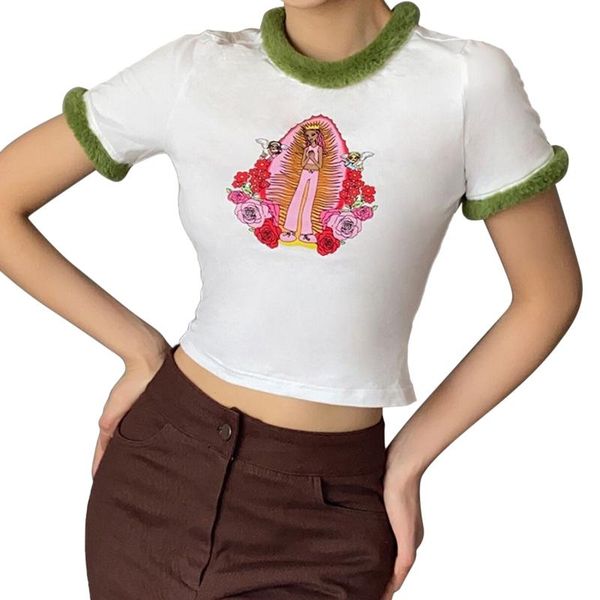 

women's t-shirt women fashion short sleeve print stylish crop for shopping daily wear, White
