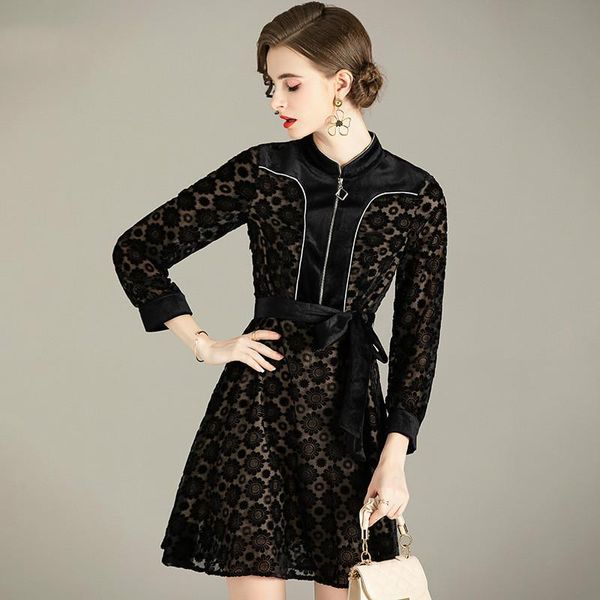 

casual dresses fashion runway designer autumn winter long sleeve floral black above knee velvet party dress woman clothes 2021, Black;gray