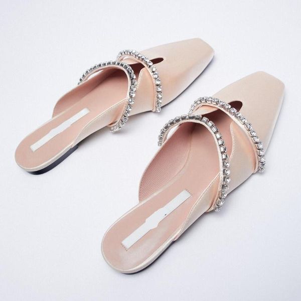 

slippers shoes square toe mules for women 2021 flat slides pantofle jelly flip flops cover glitter silk basic pu crystal, Black