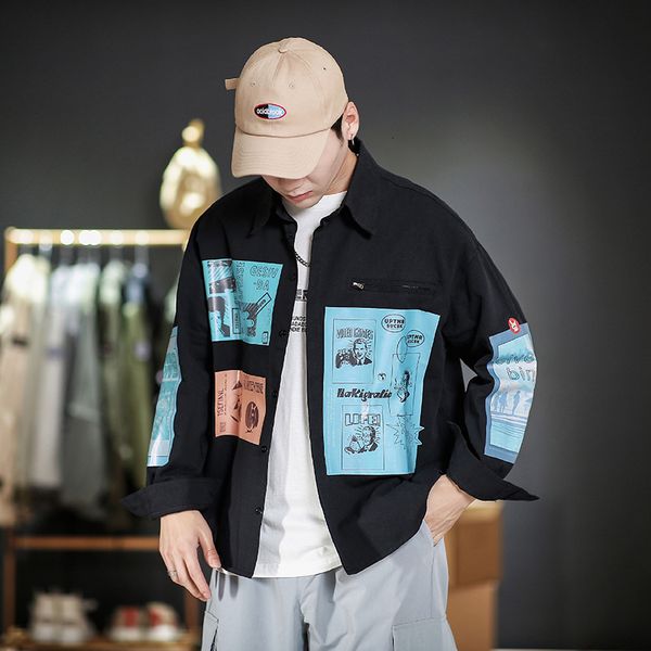 

2021 new black blue hip hop streetwear korean clothes casual brand oversize shirt men long sleeve spring autumn 438t, White;black