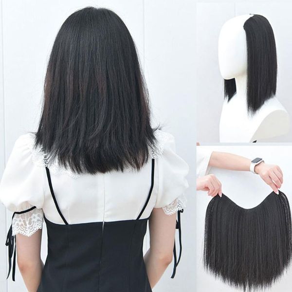 

synthetic wigs clips in hair for women invisible natural u-type halo fake false 18+ mumupi, Black