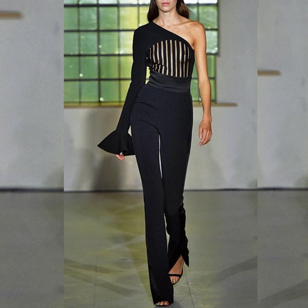 

women's jumpsuits & rompers 2021 arrival black one shoulder sequin bodycon fashion bandage jumpsuit mesh hollow out zipper celebrity ve, Black;white