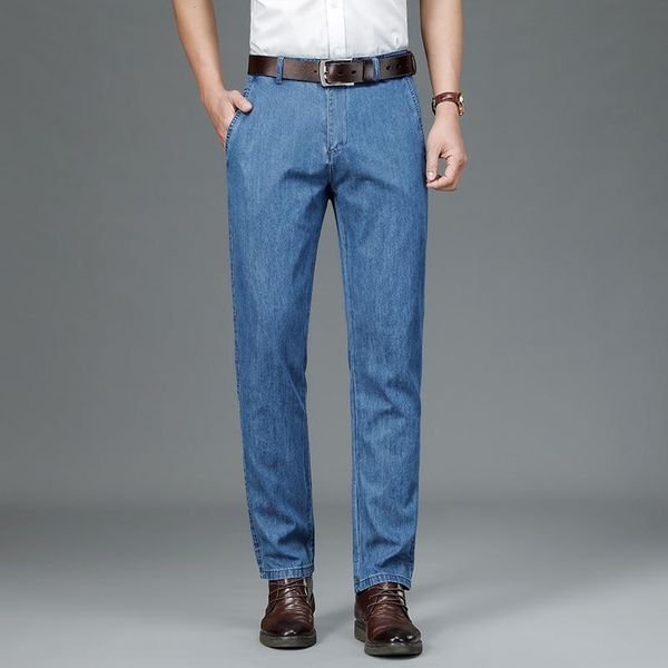 

men jeans size 40 42 blue straight-fit stretch jean 2021 spring and summer 100% cotton smart casual loose high waist jeans