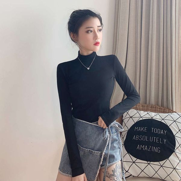 

black half high plush bottom coat women's autumn and winter korean style long sleeve middle collar with t-shirt, White