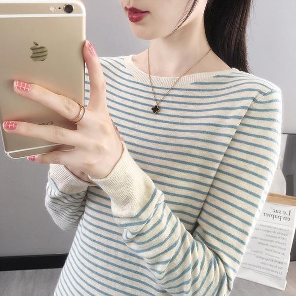 

women's sweaters 217956 room 5 row no. real shooting low crew neck curled sleeve stripe knitted bottoming shirt [1690] 32, White;black