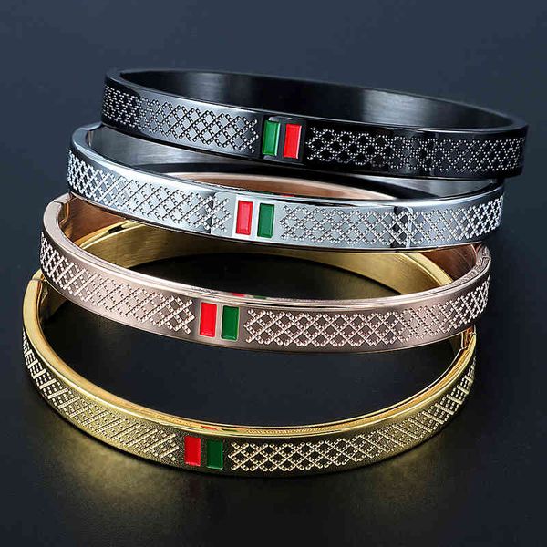 

6mm 8mm luxury brand green red cuff bracelets for women men couple love bangles stainless steel rose gold jewelry, Golden;silver