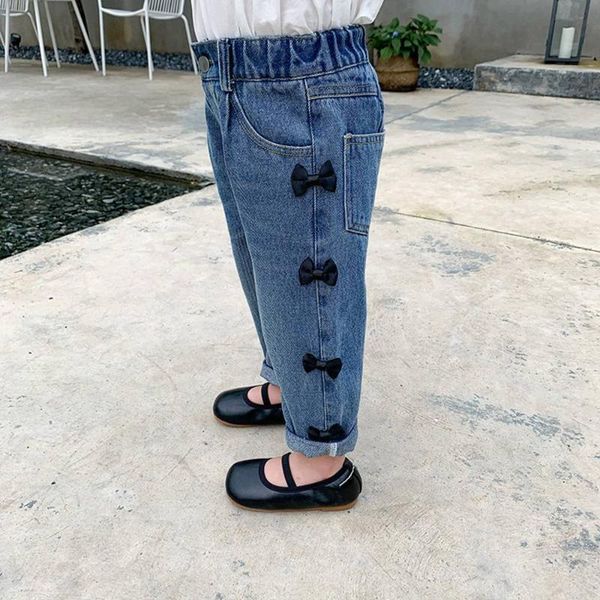 

jeans fashion kids girls trousers bow denim princess straight, Blue
