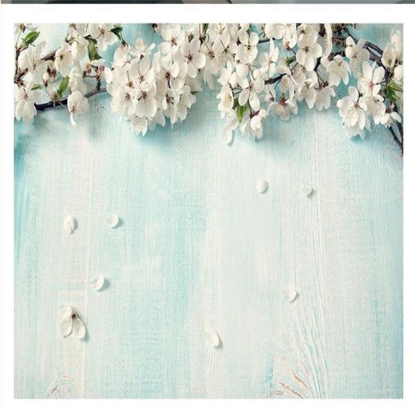 

wallpapers custom small fresh blue wood grain cherry blossom 3d stereo tv background wall painting