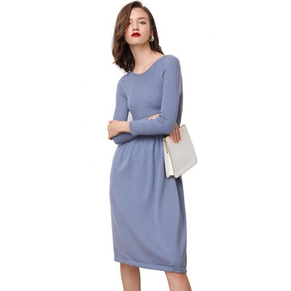 

casual dresses sweater dress for women crewneck ribbed elbow long sleeve slim bodycon fashion elegant vestidos blue, Black;gray