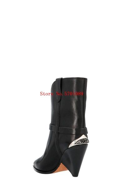 

boots black leather metallic back and toe cone heels lamsy fashion shoes